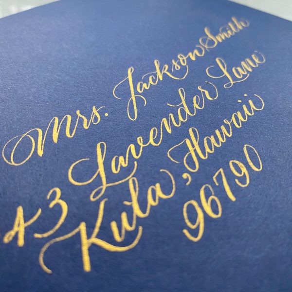 Gold Calligraphy on Navy Blue Envelope